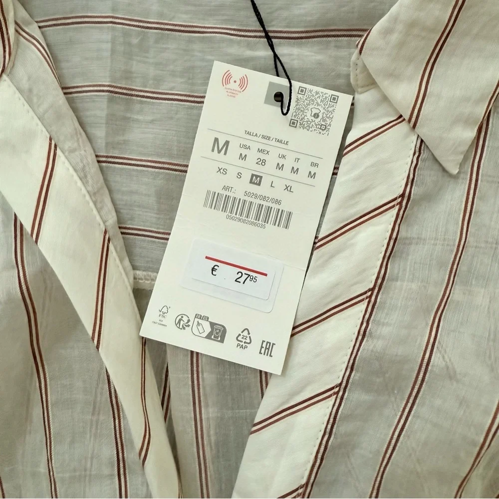 NWT Zara Cream and Red Striped Sheer Top Knotted Hem Medium - Picture 7 of 12